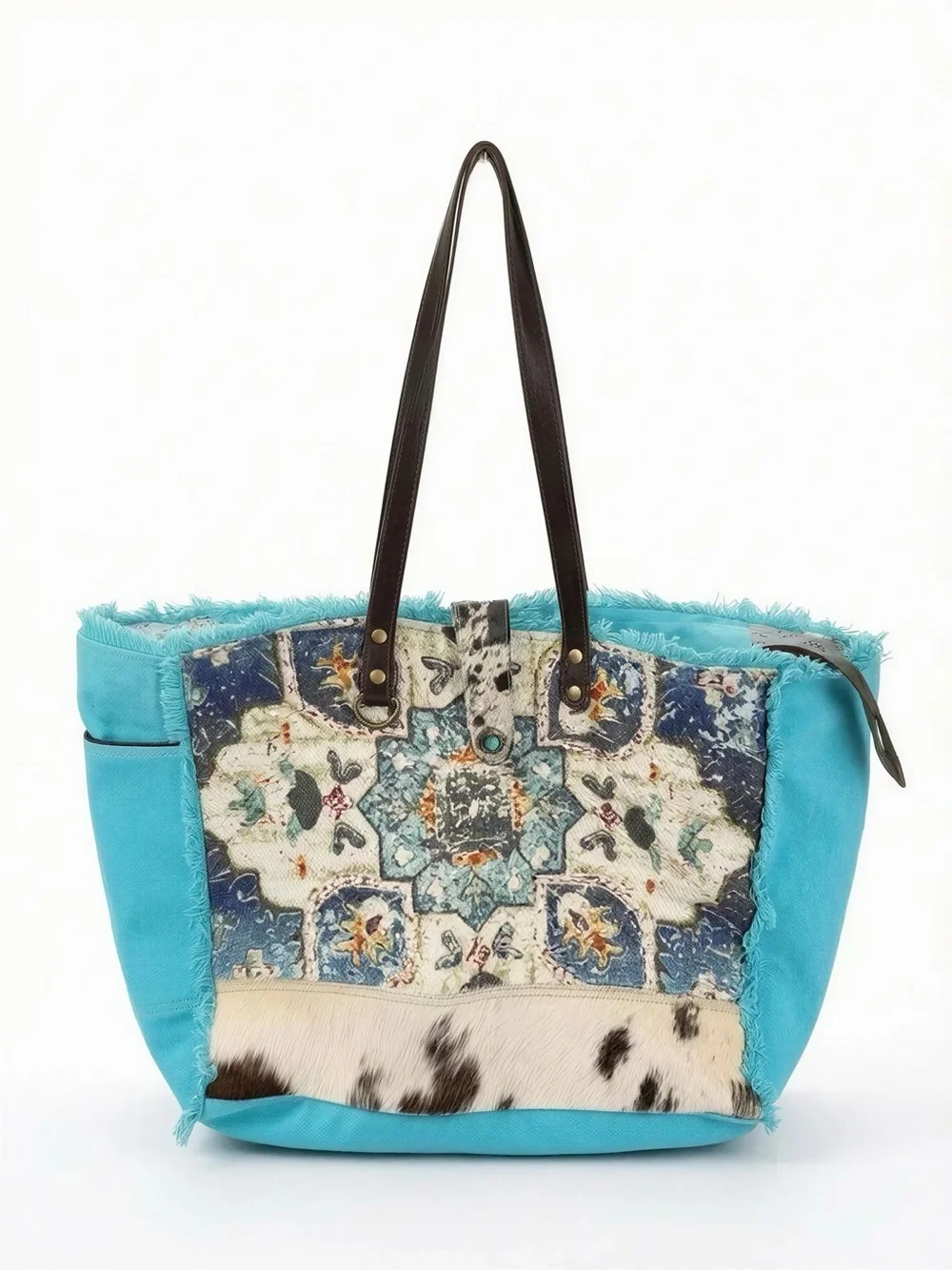 Myra Bag Turquoise Patterned Tote Bag with Calf Hair Accent